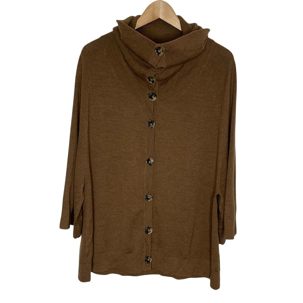 Theory Wool Blend Cardigan Sweater Womens Medium Brown Collared Cowl Neck